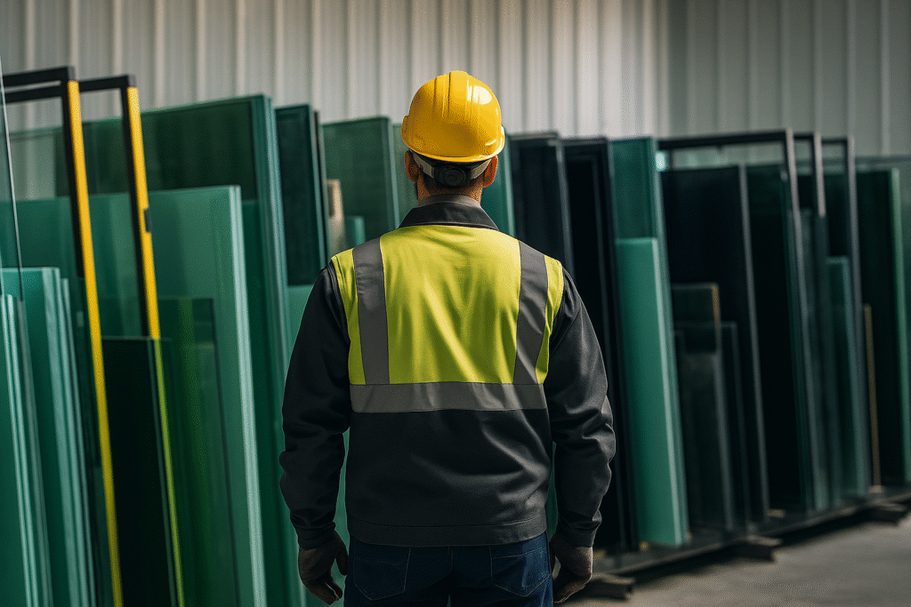 Doors Glass Replacement Compare Window Glass Types: Which Should You Choose? A factory worker in safety gear stands facing multiple stacks of glass inside a glass manufacturing facility, surrounded by different materials like tempered, laminated, tinted, Low-E, double-pane, and float glass — visually representing how to compare window glass types in an industrial setting.