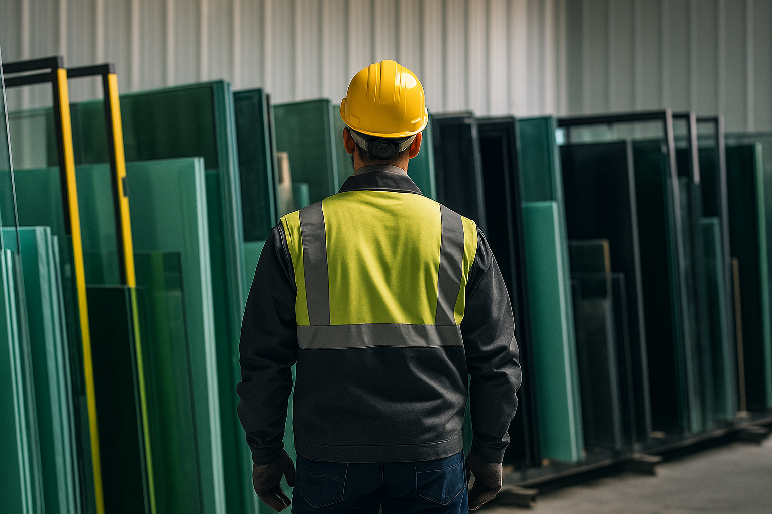 Compare Window Glass Types: Which Should You Choose? A factory worker in safety gear stands facing multiple stacks of glass inside a glass manufacturing facility, surrounded by different materials like tempered, laminated, tinted, Low-E, double-pane, and float glass — visually representing how to compare window glass types in an industrial setting.